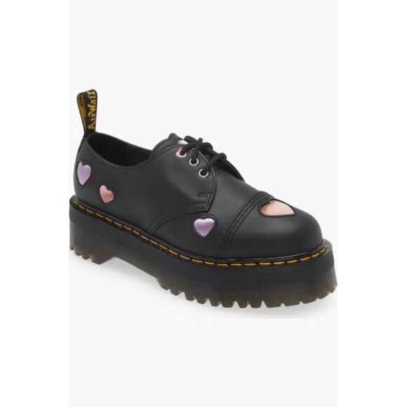 Dr Martens Platform Derby Oxford Womens US 6 EU 37 1461 Quad Heart Black New - Picture 1 of 5